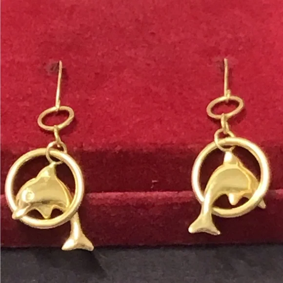 Gold 14k Dolphin jumping through Hoop Drop Earrings Rare vintage ret $850 - Picture 8 of 12